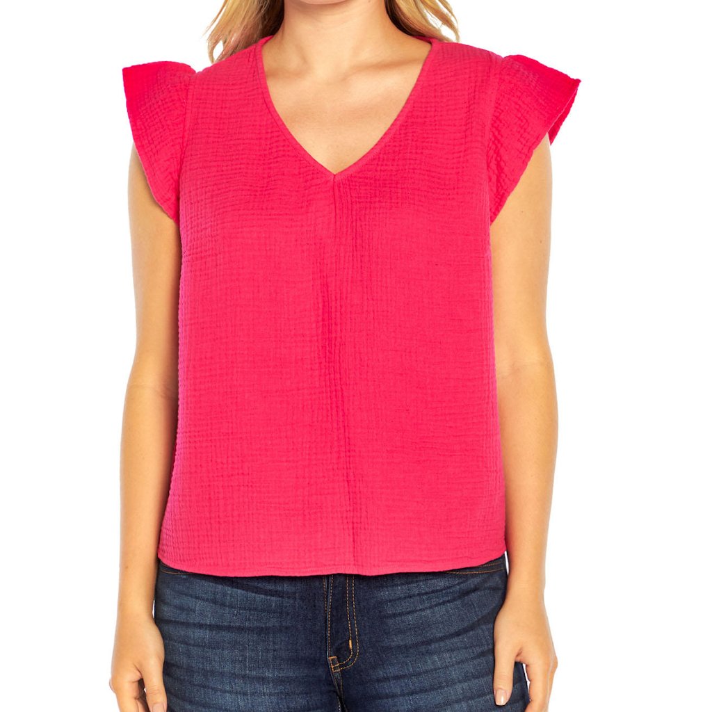 Three Dots Short Sleeve V-Neck Double Layer Cotton Gauze Blouse Fuchsia